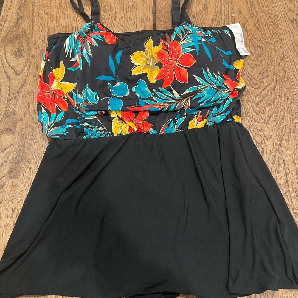 Catherines Black and Red One Piece Swimsuit Tropical Floral Design